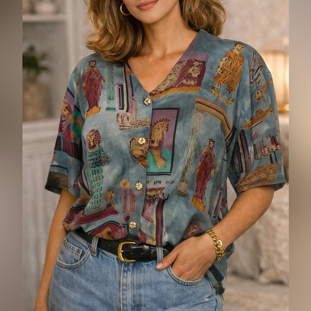 Vintage 80s 90s Silem Art Print Blouse M Architectural Gallery Core Button Front